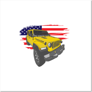 Jeep Wrangler with American Flag - Yellow Posters and Art